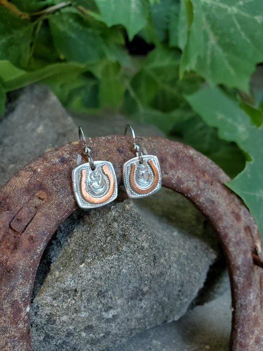Lucky: Hand-engraved Sterling Silver and Copper Cowgirl Earrings with Horse-shoes, Western Earrings