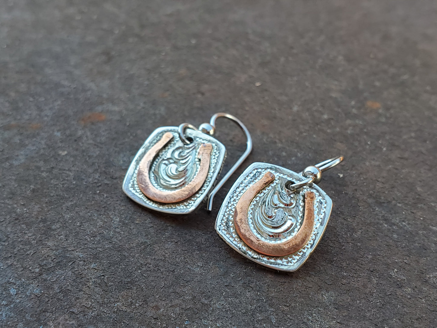 Lucky: Hand-engraved Sterling Silver and Copper Cowgirl Earrings with Horse-shoes, Western Earrings
