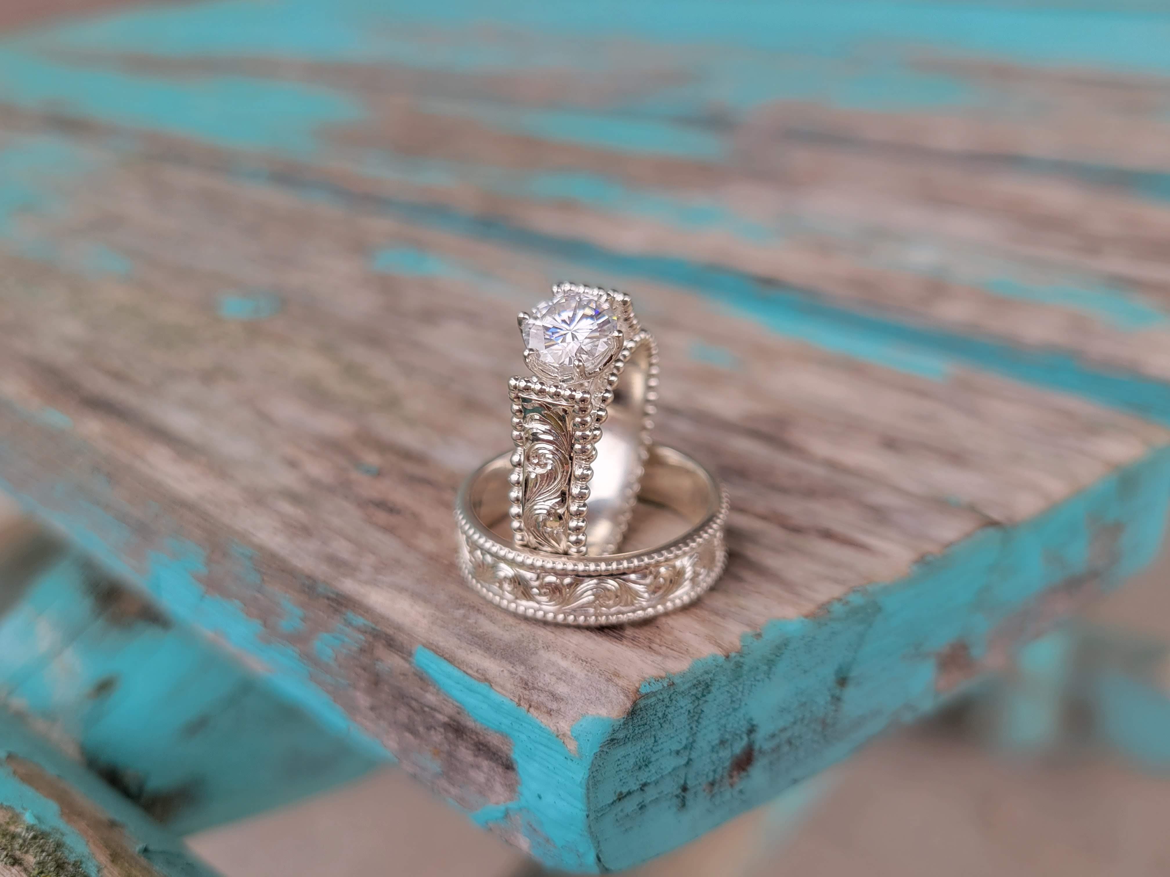 The Taylor Set: Western Wedding Band set, Western Engagement ring, Cow