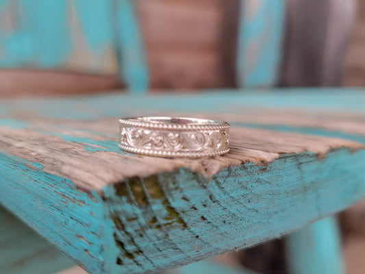 The Tyson: 5mm Sterling Silver Men's Wedding Band, Western Wedding Band, Hand-Engraved Men's Ring