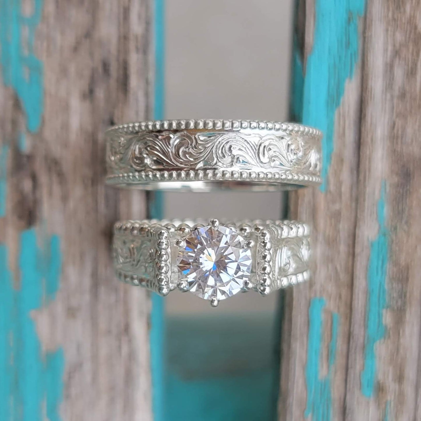 The Taylor Set: Western Wedding Band set, Western Engagement ring, Cowgirl wedding rings, sterling silver engagement ring