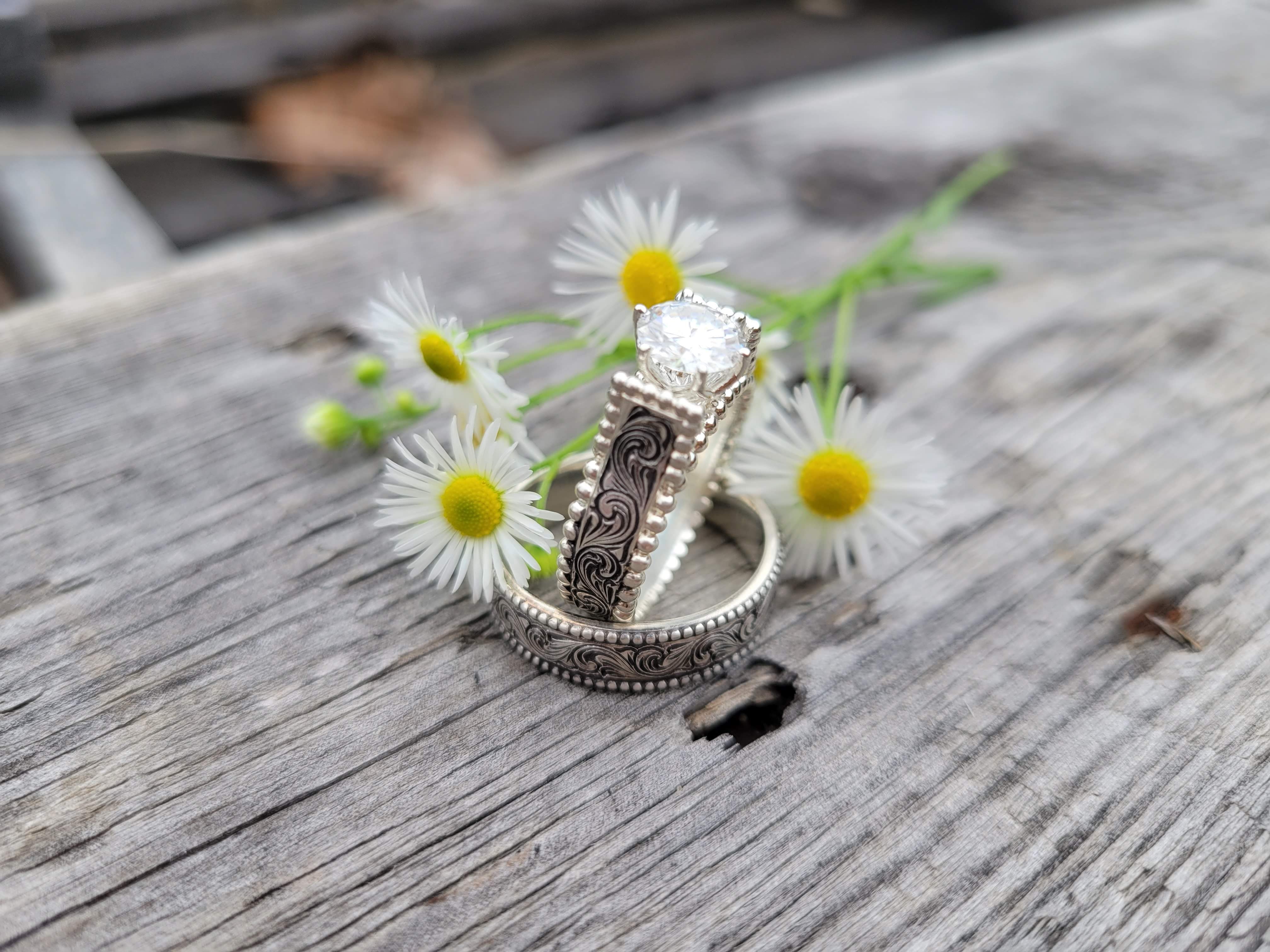 The Taylor Set: Western Wedding Band set, Western Engagement ring, Cow The Taylor Set: Western Wedding Band set, Western Engagement ring, Cow
