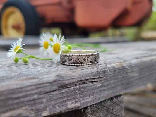 The Tyson: 5mm Sterling Silver Men's Wedding Band, Western Wedding Band, Hand-Engraved Men's Ring