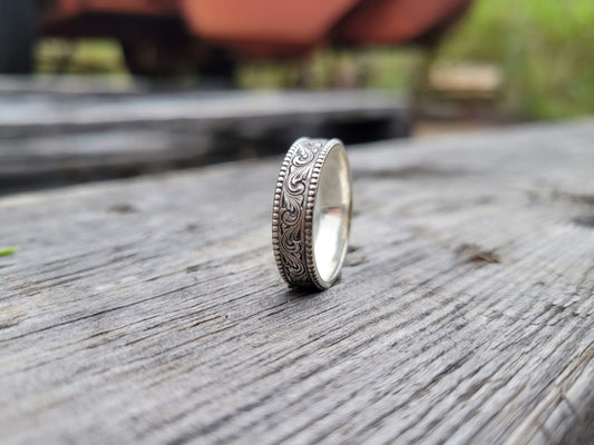 IMMEDIATE SHIP Sz. 4 Tyson: 5mm Sterling Silver Wedding Band, Western Wedding Band, Hand-Engraved Ring