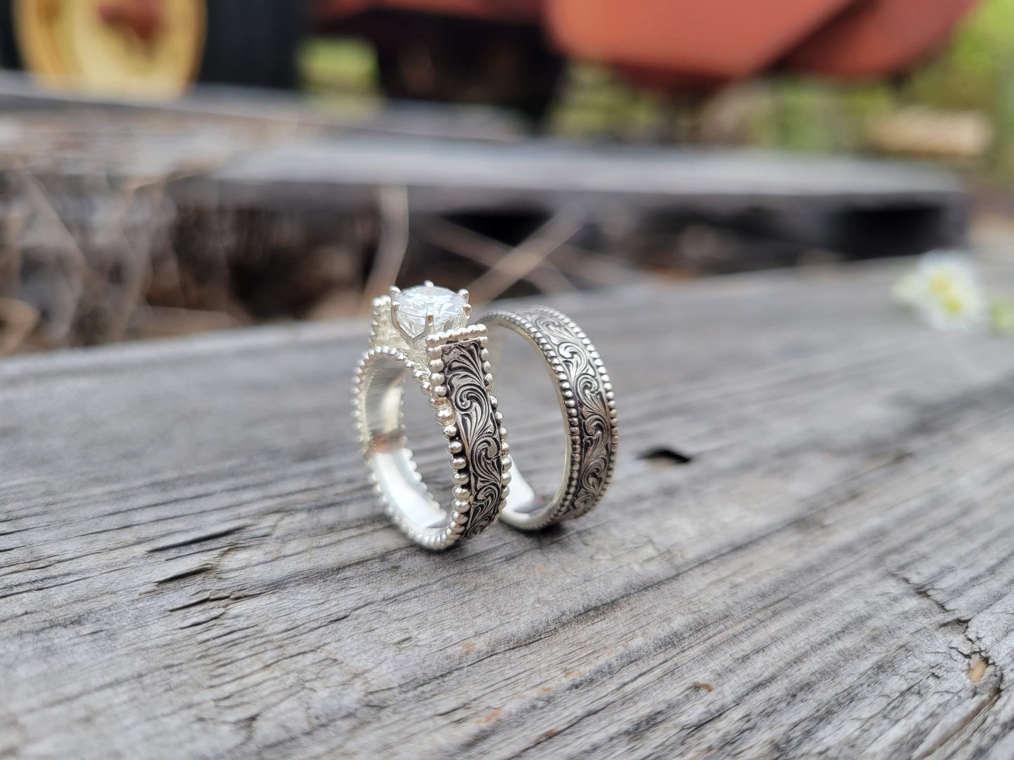 The Taylor Set: Western Wedding Band set, Western Engagement ring, Cowgirl wedding rings, sterling silver engagement ring