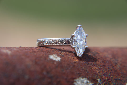 The Tabitha: 10K, 14K, or 18K White Gold Marquise Engagement Ring, Western Engagement Ring, Cowgirl Ring, Western Wedding Ring