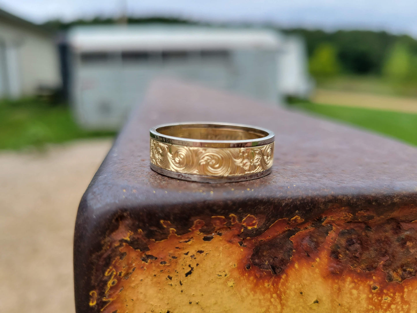 The Florian: Men's Western Wedding Ring, Two-tone 10K White and Yellow Gold Band with Hand-Engraved Swirls and Flowers, Women's Western Wedding Band