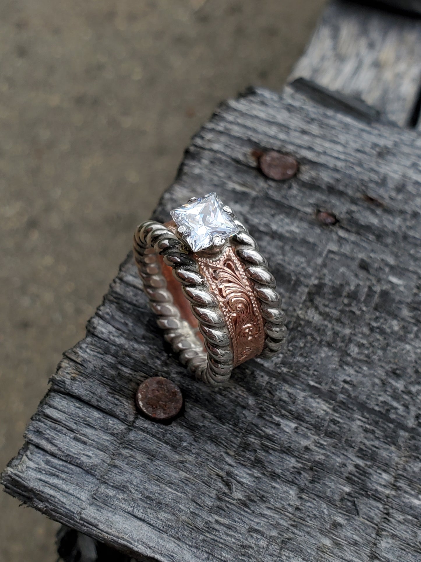 IMMEDIATE SHIP Sadie, Sz. 8.5, Narrow Hand-Engraved Copper Ring with Sterling Silver Rope-Edge, Cowgirl Engagement Ring, Western Ring