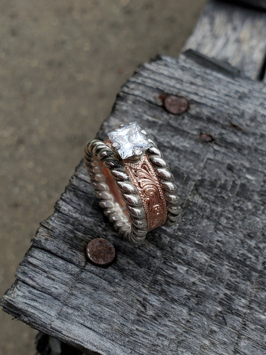 The Sadie: Narrow Hand-Engraved Copper Ring with Sterling Silver Rope-Edge, Cowgirl Engagement Ring, Western Ring