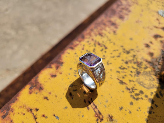 The Violet: Sterling Silver Amethyst Western Ring, Square Amethyst Ring, Unique Handmade Ring, February Birthstone Ring