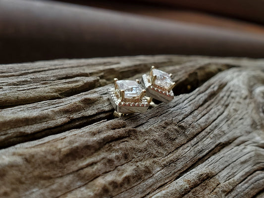 Camellia: 10K Yellow Gold and Sterling Silver Stud Earrings, Square Moissanite Stud Earrings, Western Earrings, Cowgirl Jewelry, Bridal Jewelry