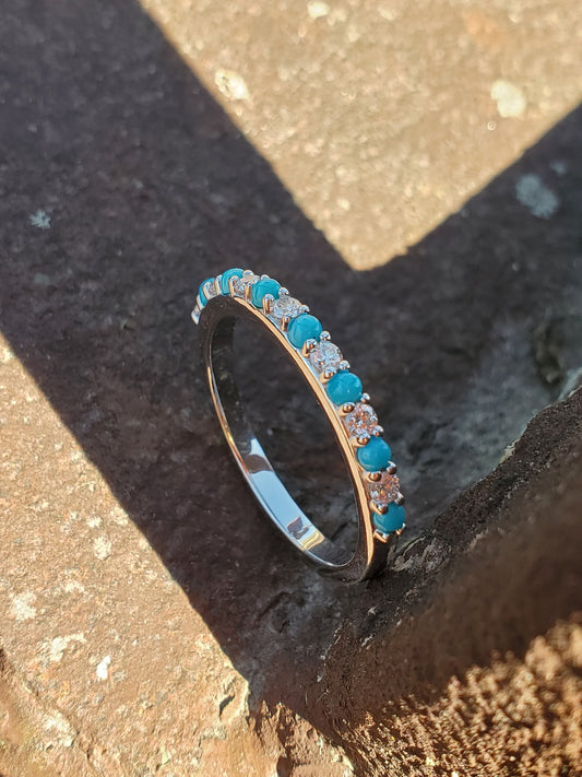 The Cassie: 10K White Gold Band with Alternating Diamonds and Turquoise, Western Wedding bands, white gold and diamond wedding band, Western anniversary ring