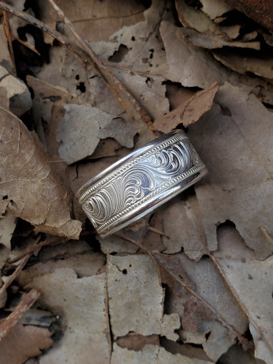 The Jace: Hand-engraved Western Ring, Sterling silver or 10K white gold band, Western Band, Cowgirl Ring, Cowboy Ring, Unisex Handmade Western Ring