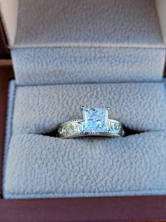 IMMEDIATE SHIP Tawny in a Sz. 8 with Moissanite, Sterling Silver and 10K White Gold Setting, Square moissanite ring, western engagement ring, cowgirl ring, Sterling Silver engagement ring