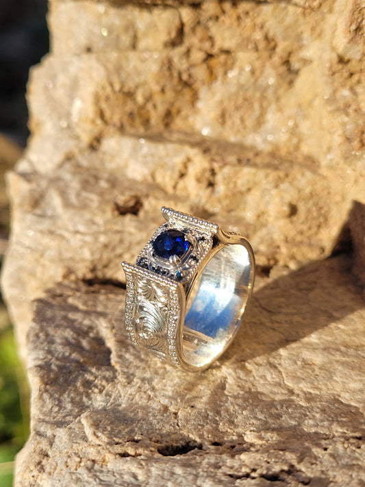 The Rachel: Sapphire and Blue Diamond Cathedral Style Sterling Silver Engagement Ring, alternative stone engagement ring, cowgirl engagement ring, western ring