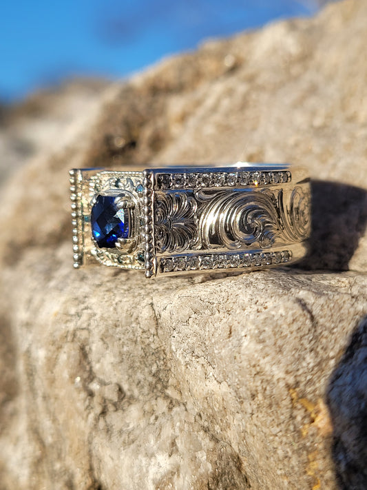 The Rachel: Sapphire and Blue Diamond Cathedral Style Sterling Silver Engagement Ring, alternative stone engagement ring, cowgirl engagement ring, western ring