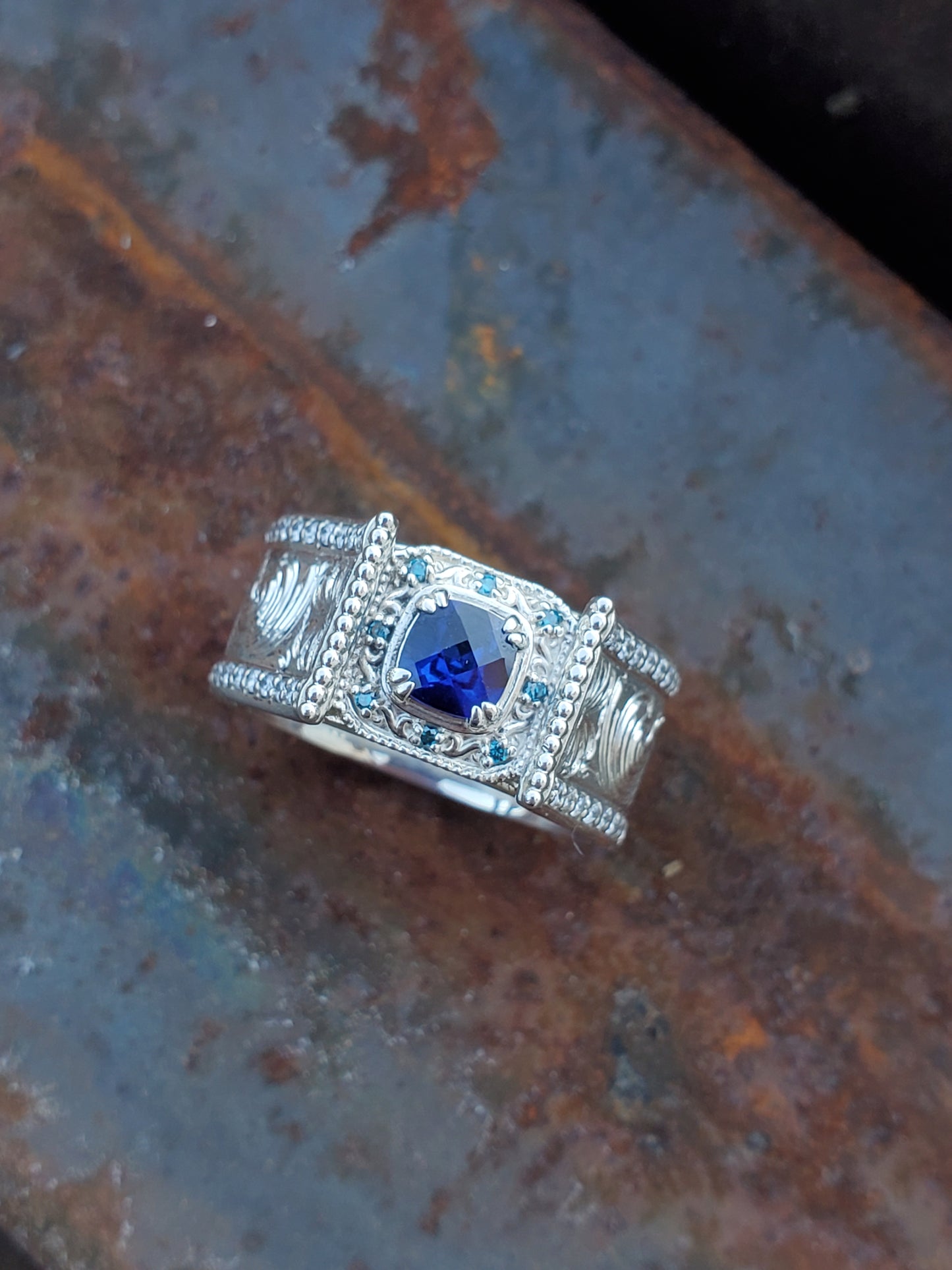 The Rachel: Sapphire and Blue Diamond Cathedral Style Sterling Silver Engagement Ring, alternative stone engagement ring, cowgirl engagement ring, western ring