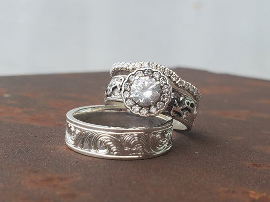 The Brittany: Sterling silver or white gold engagement ring with round halo, Beautiful Western Engagement Ring, Unique Cowgirl Engagement Ring