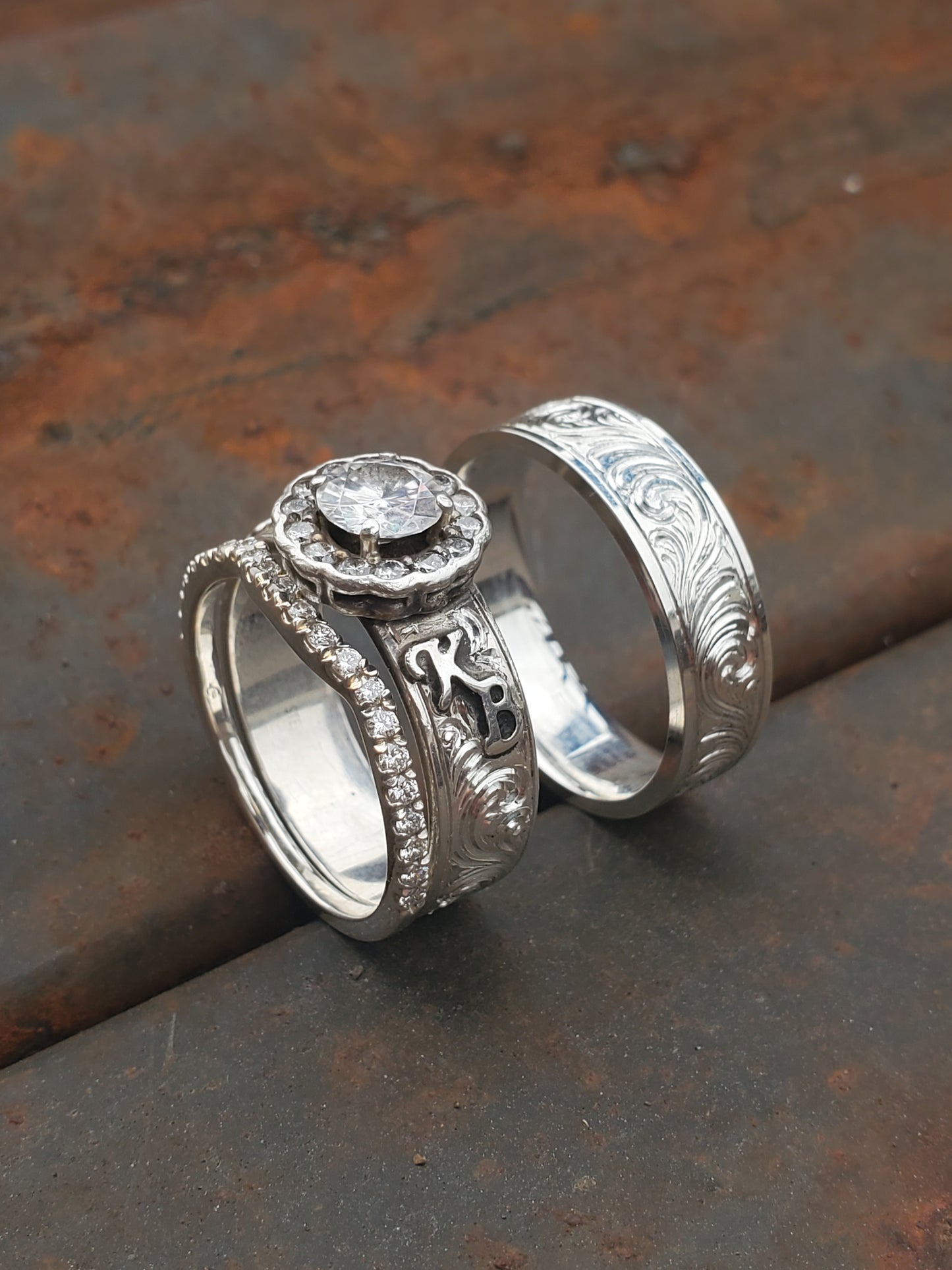 Brittany Set: Western Wedding Ring Set, Sterling Silver Western Ring Set, Men's and Women's Wedding Bands, Western Engagement Ring