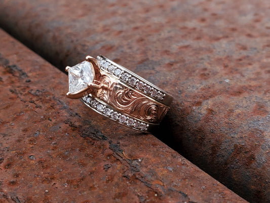 The Naomi: Rose Gold Channel Set Diamond Engagement Ring, Diagonal Setting with Diamond or Moissanite, Cowgirl Engagement Ring, Hand-Engraved Engagement Ring