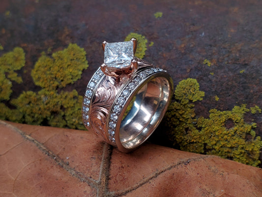 The Naomi: Rose Gold Channel Set Diamond Engagement Ring, Diagonal Setting with Diamond or Moissanite, Cowgirl Engagement Ring, Hand-Engraved Engagement Ring