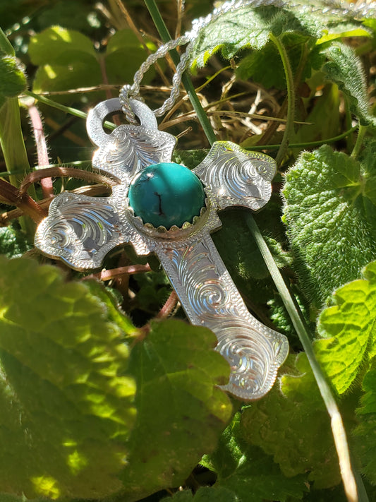 Sterling Silver Cross, Turquoise Engraved Western Pendant Design PND00001 by Loreena Rose