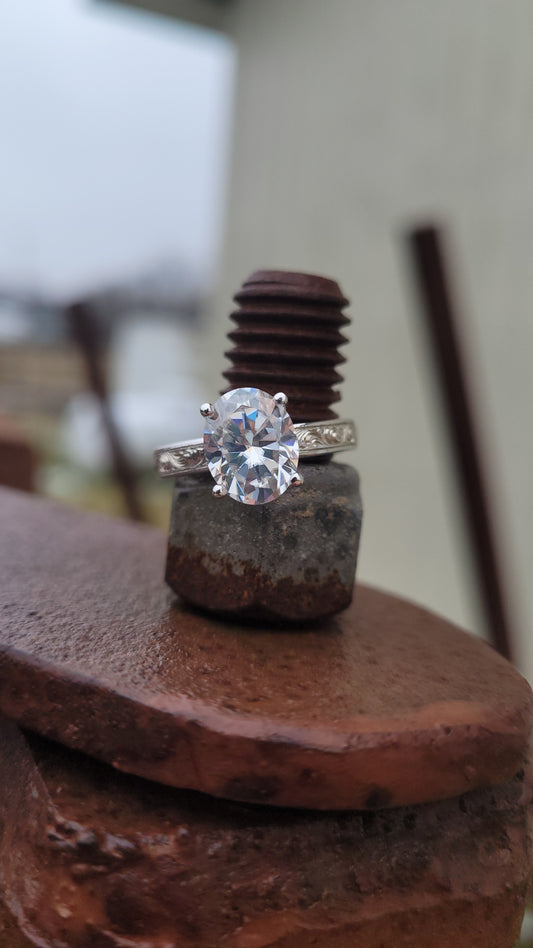IMMEDIATE SHIP Tasha, sz. 6; 10K white gold with 2.5ct Moissanite: 3.5mm 2 ct.+ 10K White Gold Oval Engagement Ring, Western Engagement Ring, Cowgirl Ring, Western Wedding Ring, White gold engagement ring