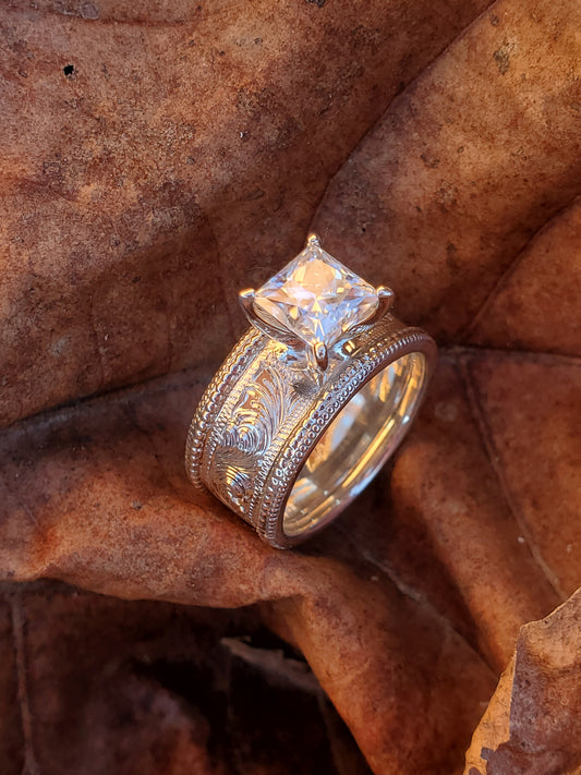 The Cynthia: White Gold or Sterling Silver Ring, Square moissanite ring, western engagement ring, cowgirl ring, silver engagement ring, hand-engraved ring