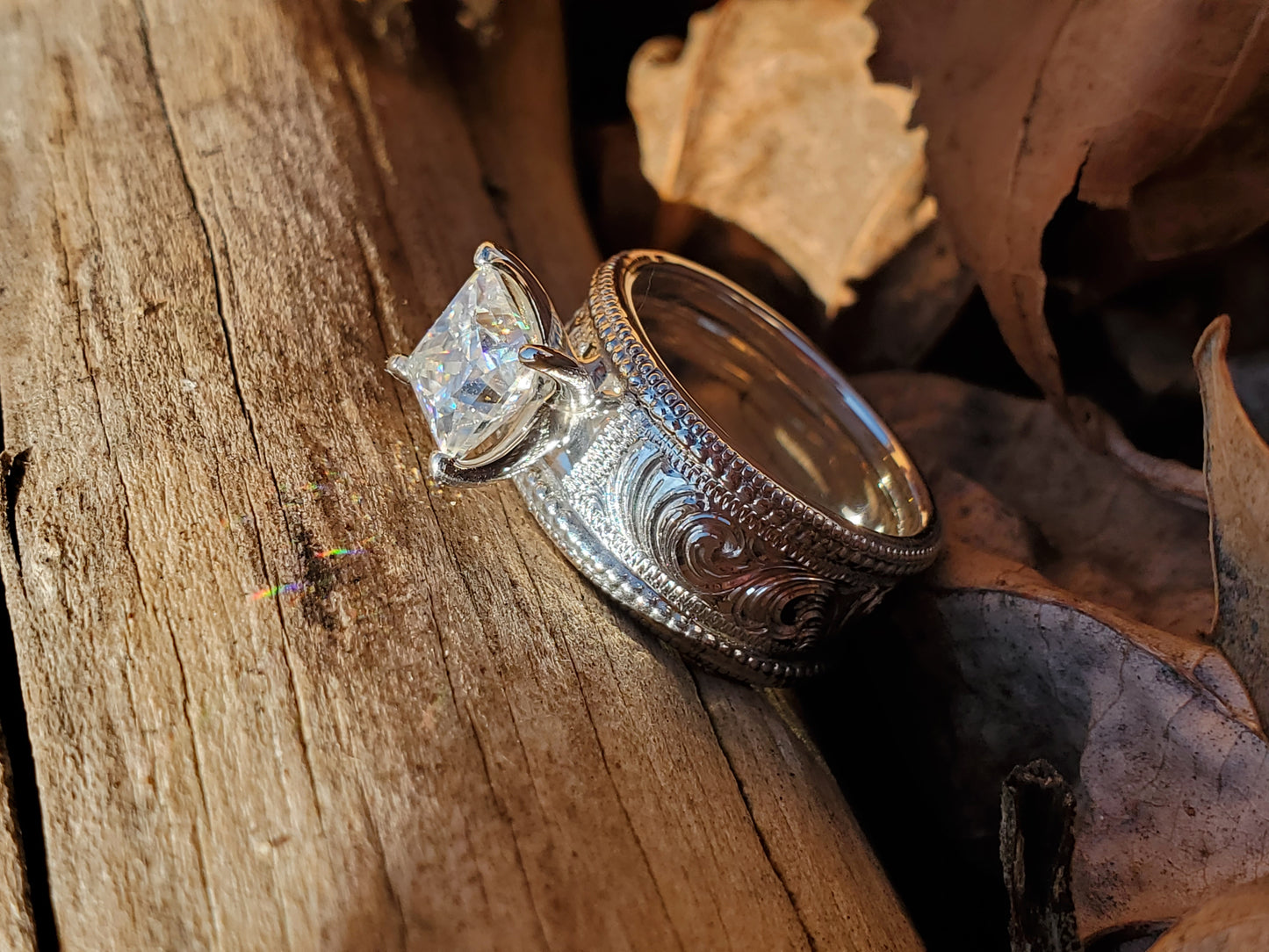 The Cynthia: White Gold or Sterling Silver Ring, Square moissanite ring, western engagement ring, cowgirl ring, silver engagement ring, hand-engraved ring