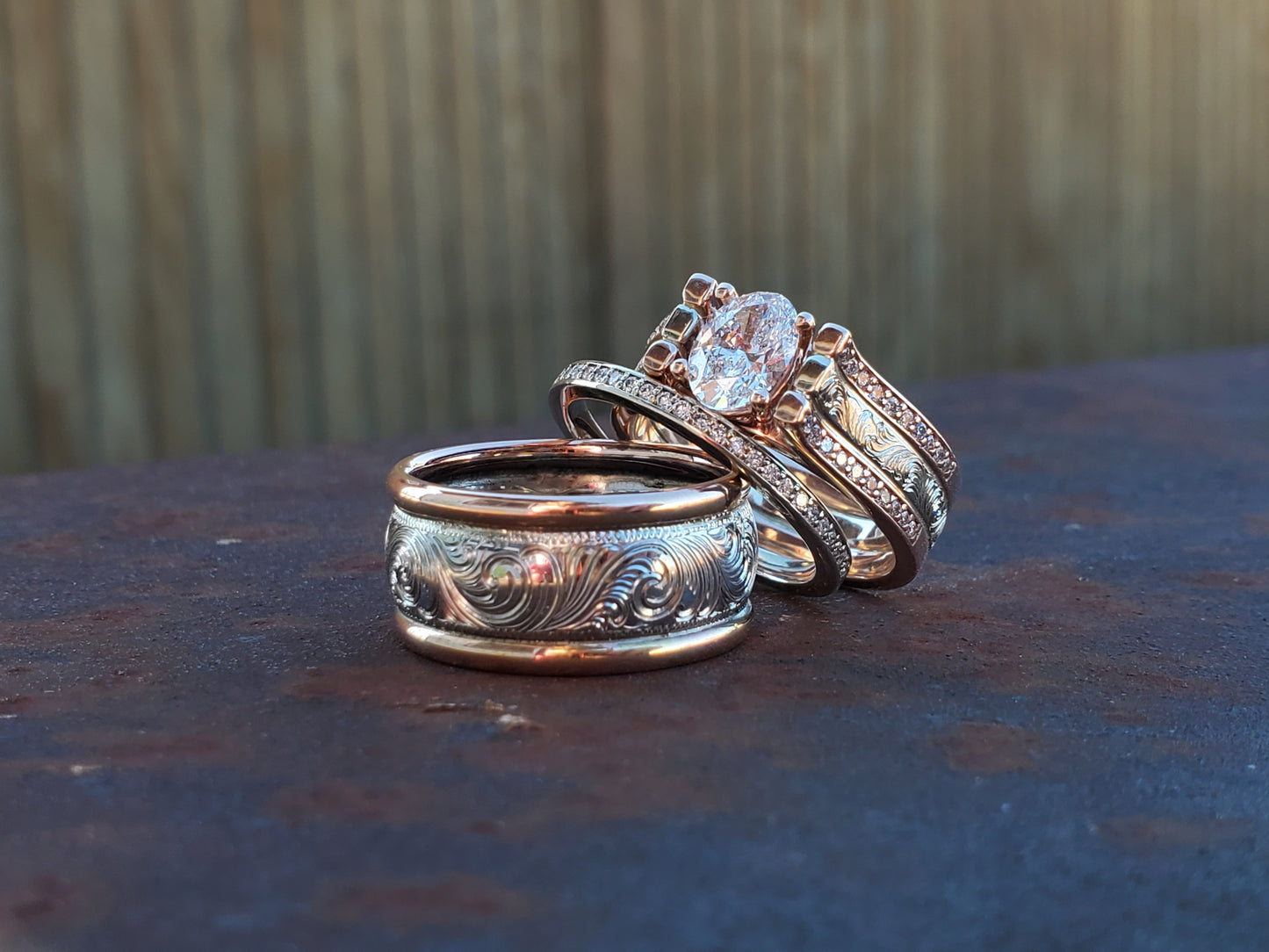The Graciela Set, Wedding Ring Trio: Rose Gold & White gold ring set, Western Wedding Ring Set, Stackable Engagement Ring Set, Western Engagement Ring, Cathedral Style Ring and Matching Wedding Bands