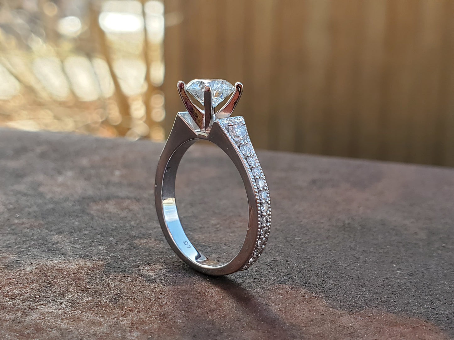 The Lydia: 10K White Gold Ring with Round Diamond and Channel Set Stones, Cowgirl Engagement Ring, Western Engagement Ring