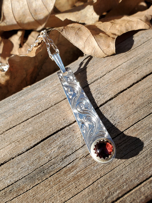 Garnet Drop Necklace: Western Garnet Necklace, Hand-Engraved Sterling Silver, Cowgirl Necklace