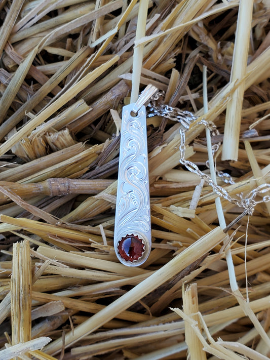 Garnet Drop Necklace: Western Garnet Necklace, Hand-Engraved Sterling Silver, Cowgirl Necklace