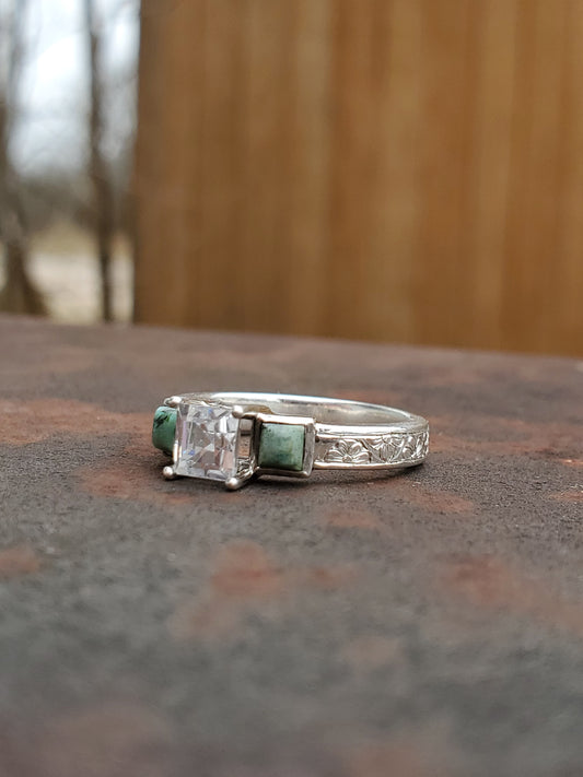 The Amy: Square Turquoise and Moissanite Ring, Sterling Silver Cowgirl Ring, Western Engagement ring, turquoise engagement ring, Floral engraved ring