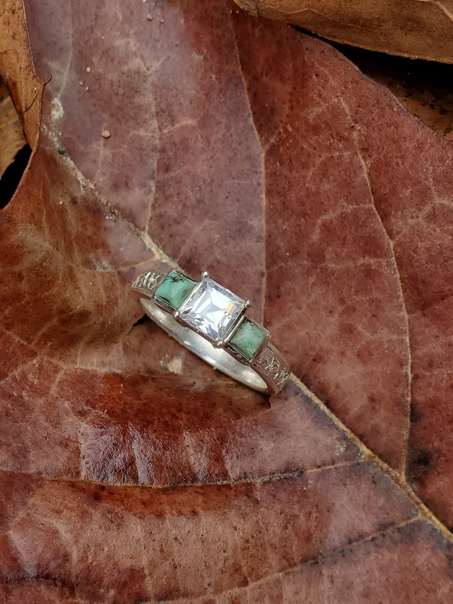 The Amy: Square Turquoise and Moissanite Ring, Sterling Silver Cowgirl Ring, Western Engagement ring, turquoise engagement ring, Floral engraved ring