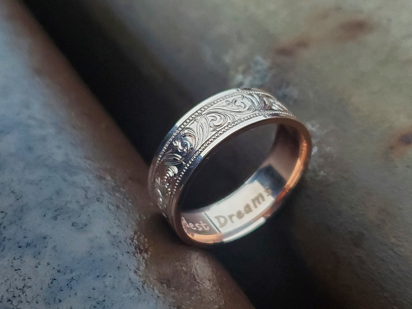 The Sawyer: Men's Western Wedding Band, Hand-Engraved Cowboy Wedding Ring, Cowboy Ring, Rose Gold Men's Wedding Band, Detailed Wedding Ring
