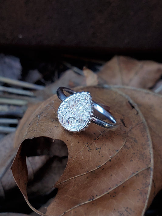 The Kiera: Silver cowgirl ring, Pear shape ring, hand-engraved ring, Western signet ring, unique silver ring, western fashion, bridesmaid gift