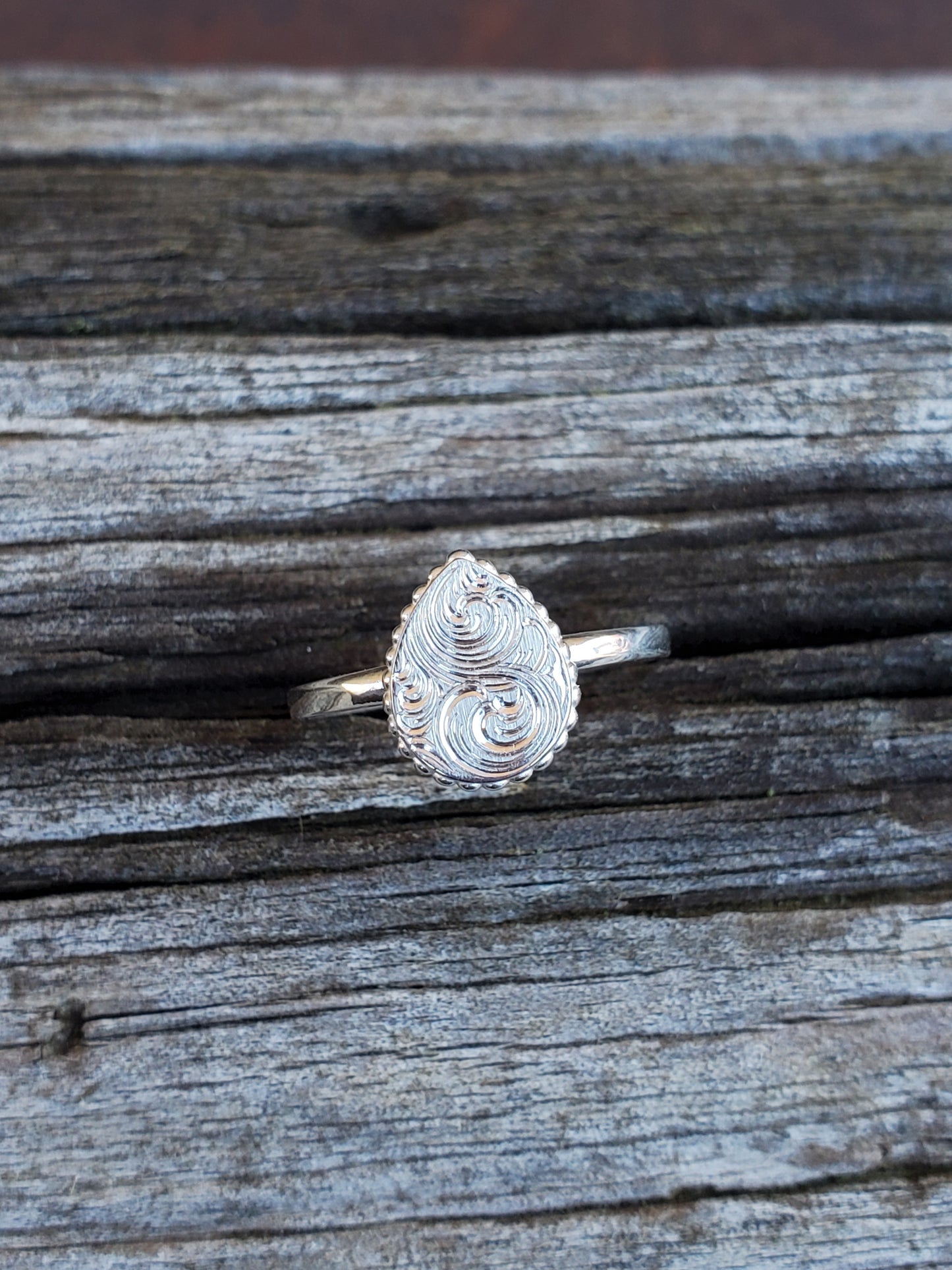 The Kiera: Silver cowgirl ring, Pear shape ring, hand-engraved ring, Western signet ring, unique silver ring, western fashion, bridesmaid gift