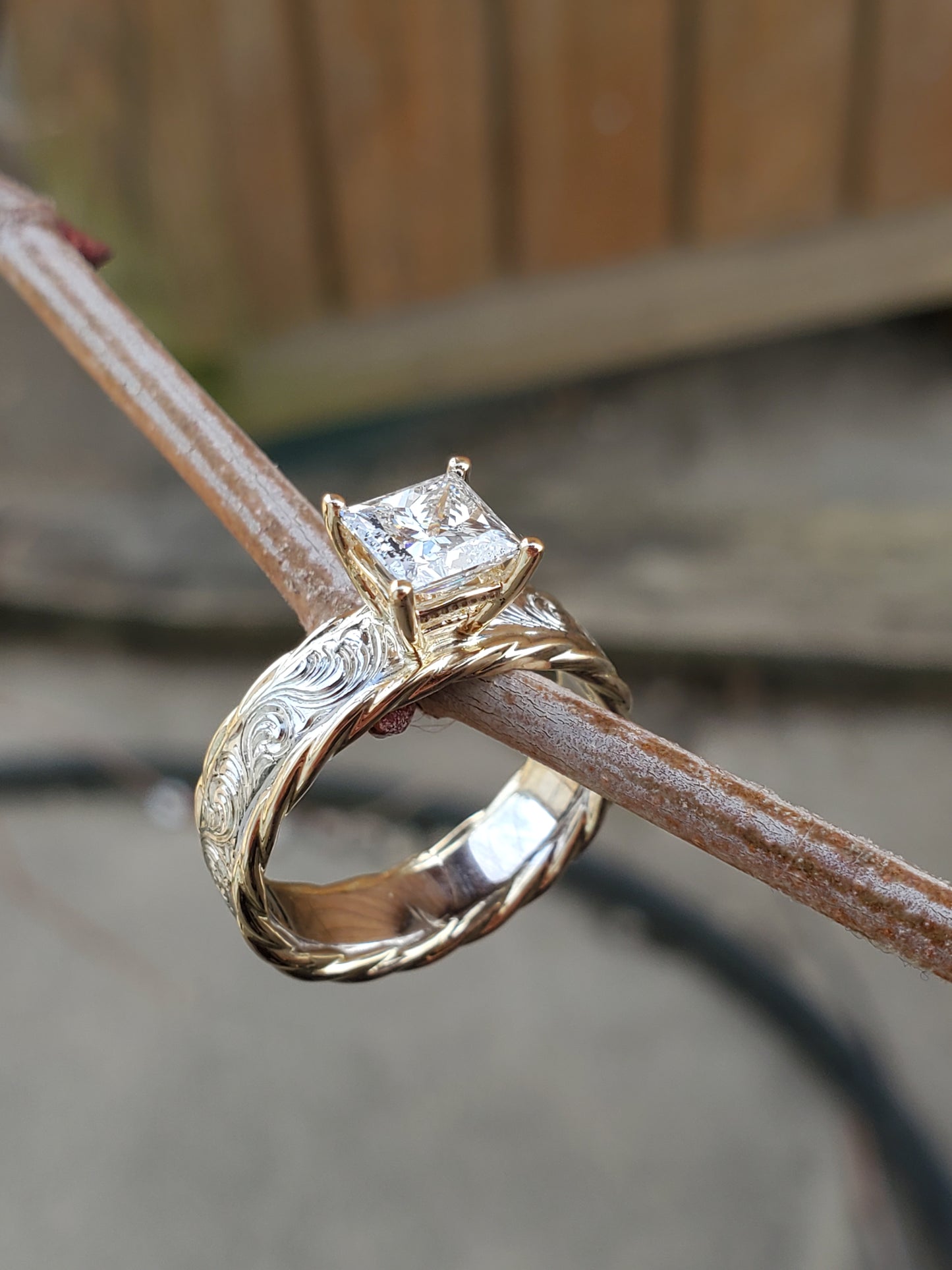 The Lin: Yellow and White Gold Hand-Engraved Cowgirl Engagement Ring, Rope Edge Western Wedding Ring, Princess Cut Engagement Ring, Two-Tone Ring for Her