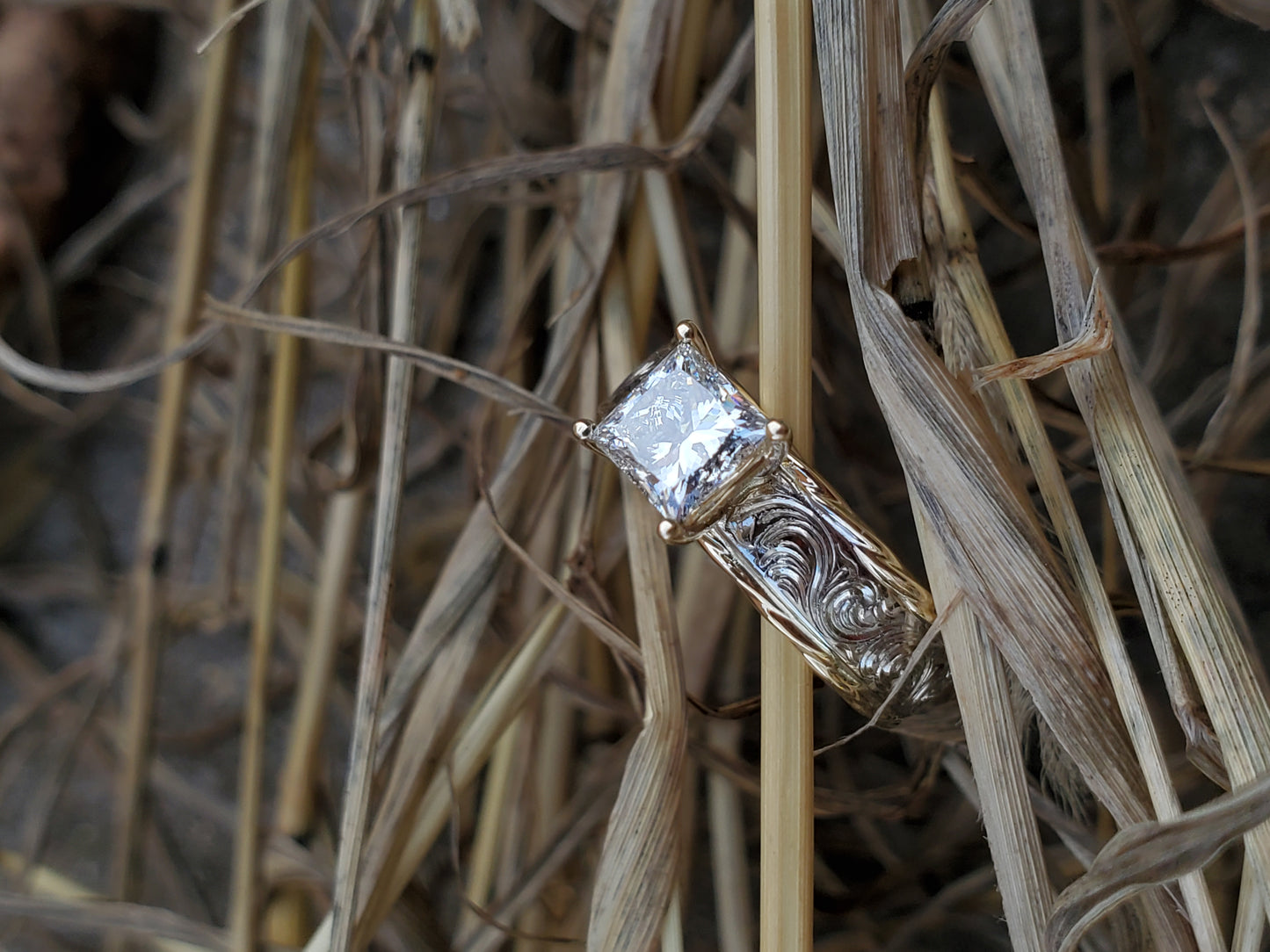 The Lin: Yellow and White Gold Hand-Engraved Cowgirl Engagement Ring, Rope Edge Western Wedding Ring, Princess Cut Engagement Ring, Two-Tone Ring for Her