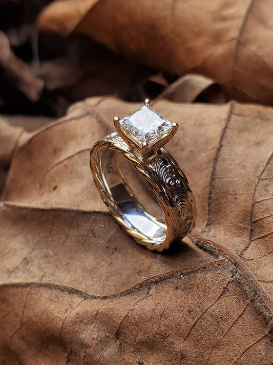 The Lin: Yellow and White Gold Hand-Engraved Cowgirl Engagement Ring, Rope Edge Western Wedding Ring, Princess Cut Engagement Ring, Two-Tone Ring for Her