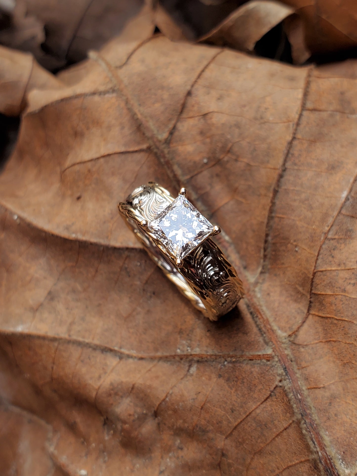 The Lin: Yellow and White Gold Hand-Engraved Cowgirl Engagement Ring, Rope Edge Western Wedding Ring, Princess Cut Engagement Ring, Two-Tone Ring for Her