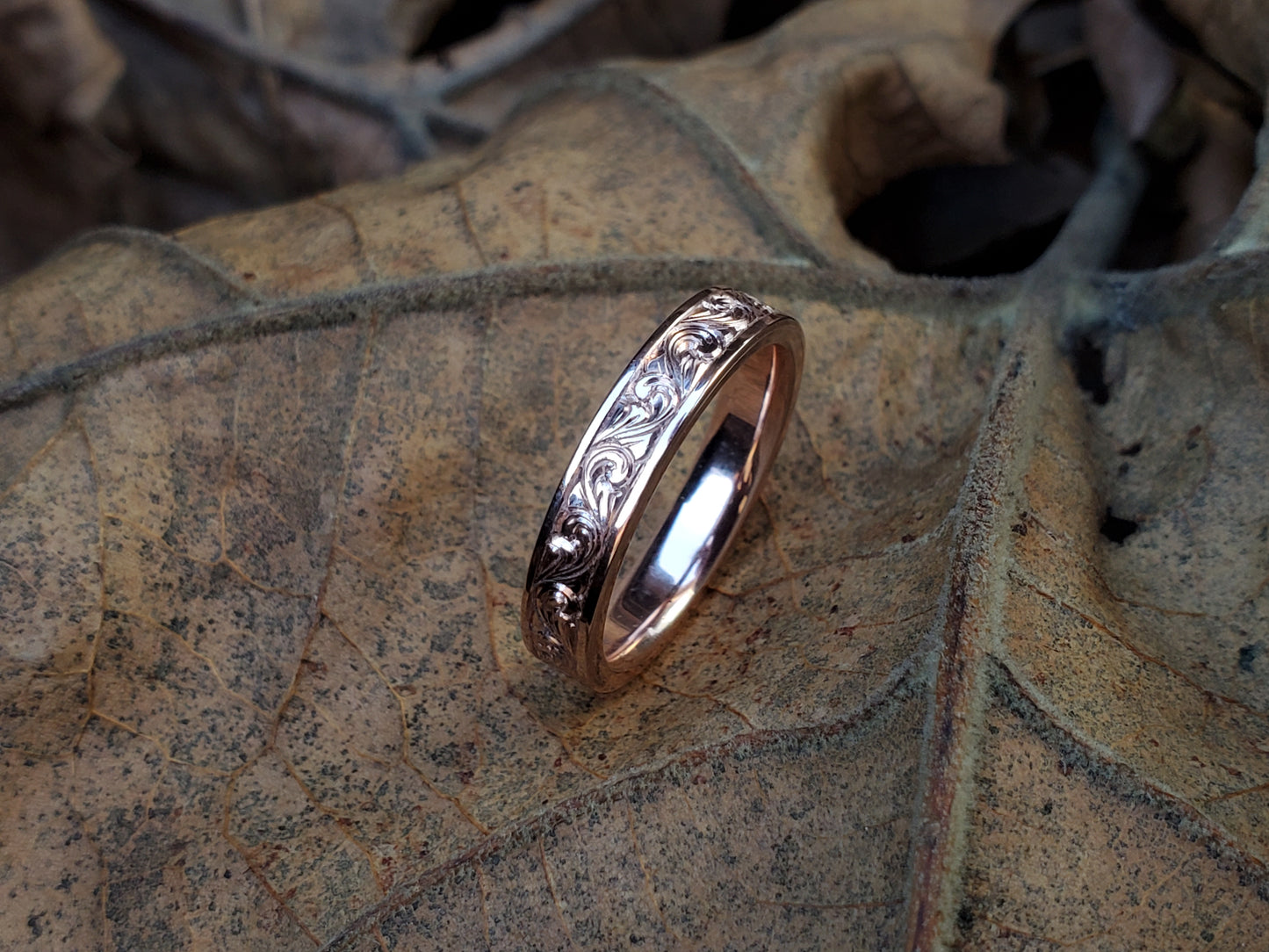 The Maya: Narrow 10K, 14K, or 18K Rose Gold Band, Western Wedding Band, Cowgirl Wedding Ring, Hand-Engraved Western Wedding Ring