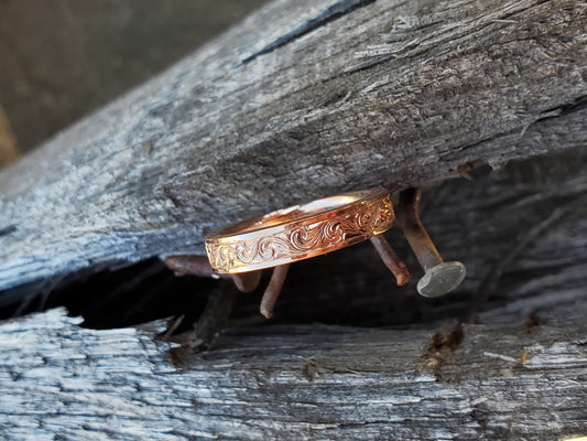 The Maya: Narrow 10K, 14K, or 18K Rose Gold Band, Western Wedding Band, Cowgirl Wedding Ring, Hand-Engraved Western Wedding Ring