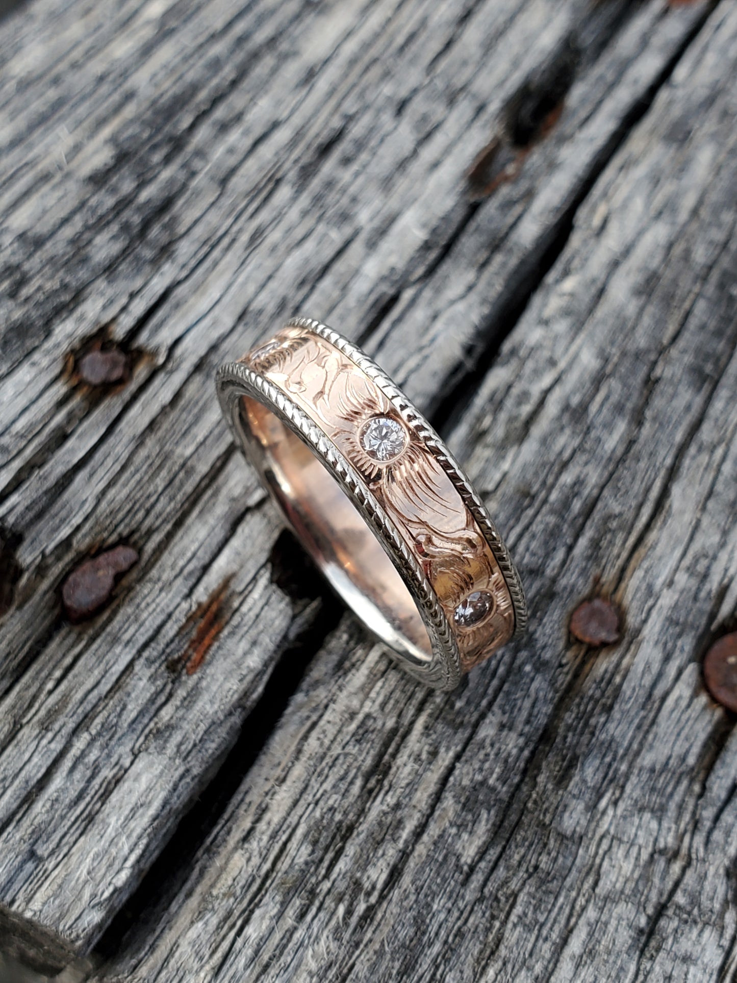 The Magnolia: 10K Rose Gold and Diamond Wedding Ring, Hand-Engraved Floral Ring with Diamond Centers, Flower Wedding Ring, Western Wedding Band, Cowgirl Wedding Ring
