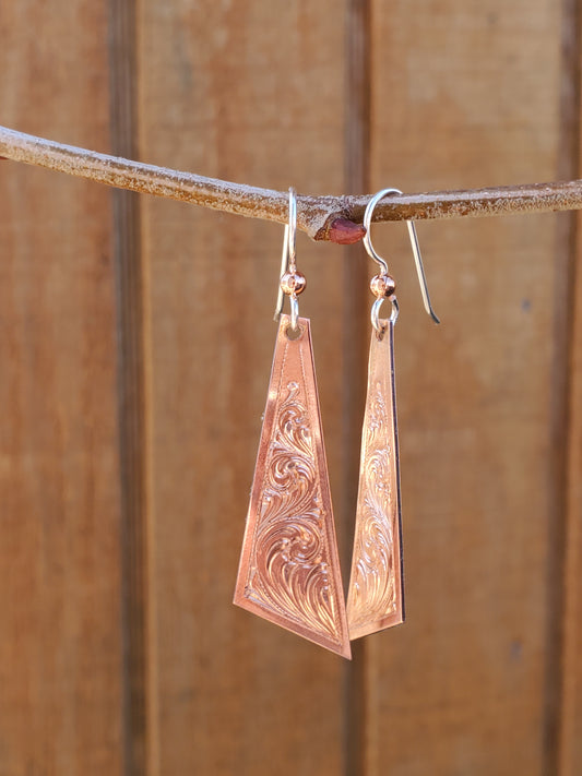 Abstract Dangle Earrings in Copper: Hand Engraved Western Bridal Jewelry, Copper Dangle Earrings, Cowgirl Bridal Gift, Western Copper Earrings, Cowgirl Dangle Earrings