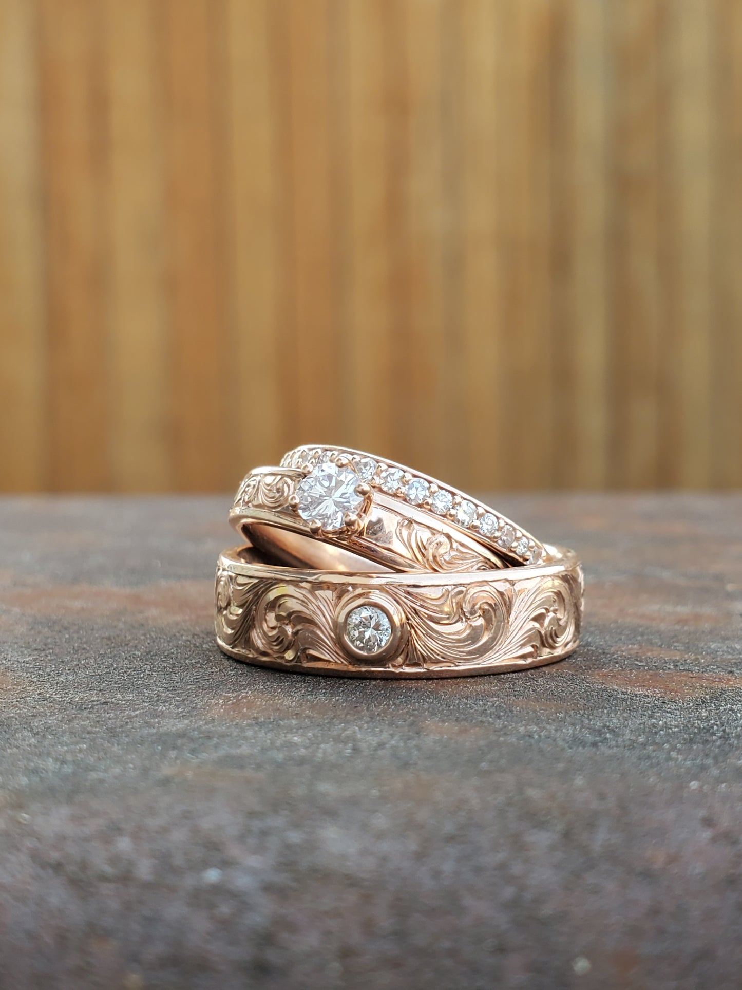 The Marisa Set With Diamonds: Western Wedding Ring Set, Dainty Diamond Ring Set, 10K Rose Gold Engagement Set, Western Ring Trio, Hand-Engraved Wedding Set