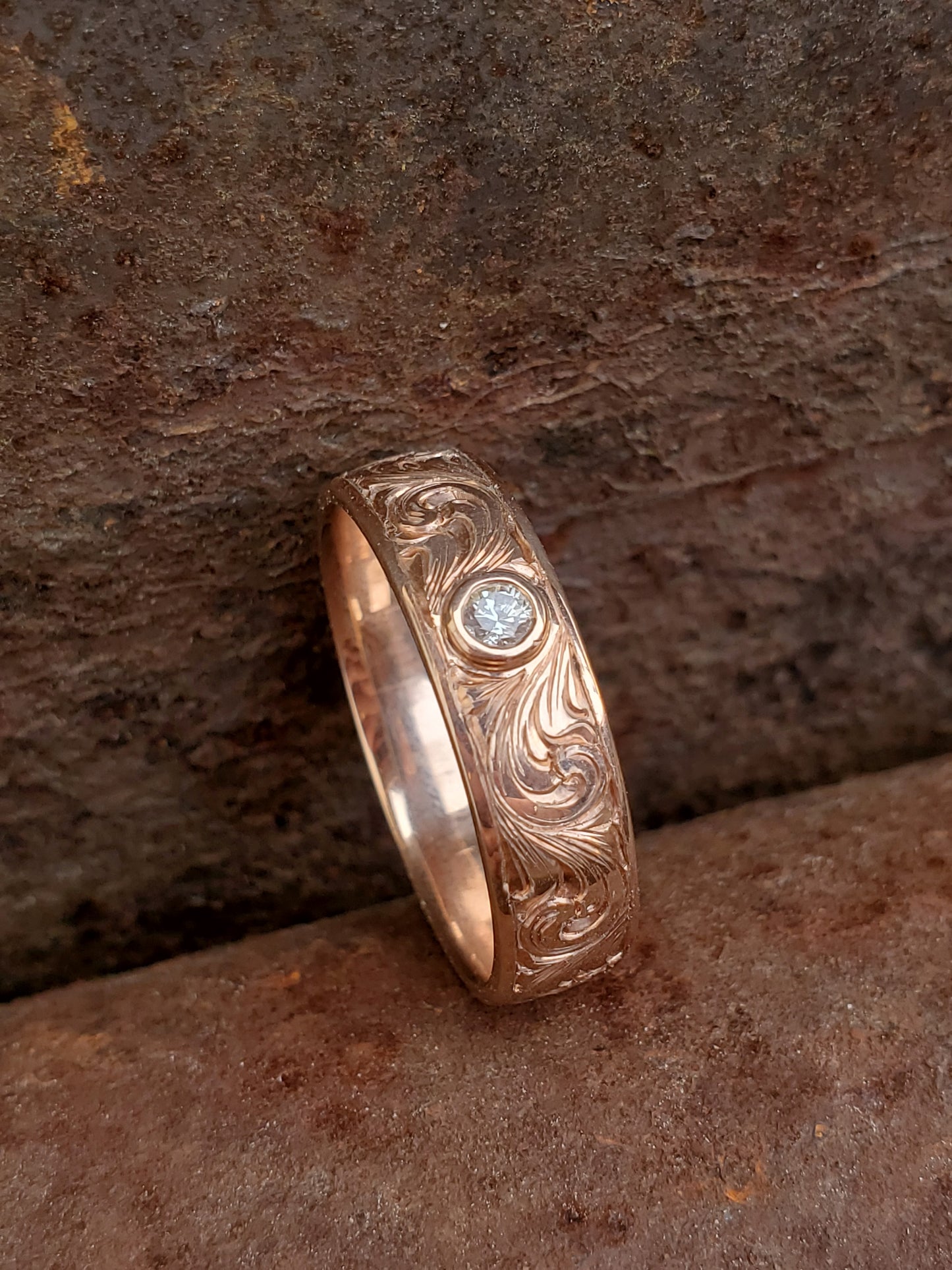 The Marlow: Hand-Engraved Men's Band with .25 ct. Diamond, Low Profile Engagement Ring, Men's Wedding Band with Diamond, 10K Rose Gold Men's Band, Cowboy Wedding Band, Men's Western Wedding Band, Western Wedding Ring