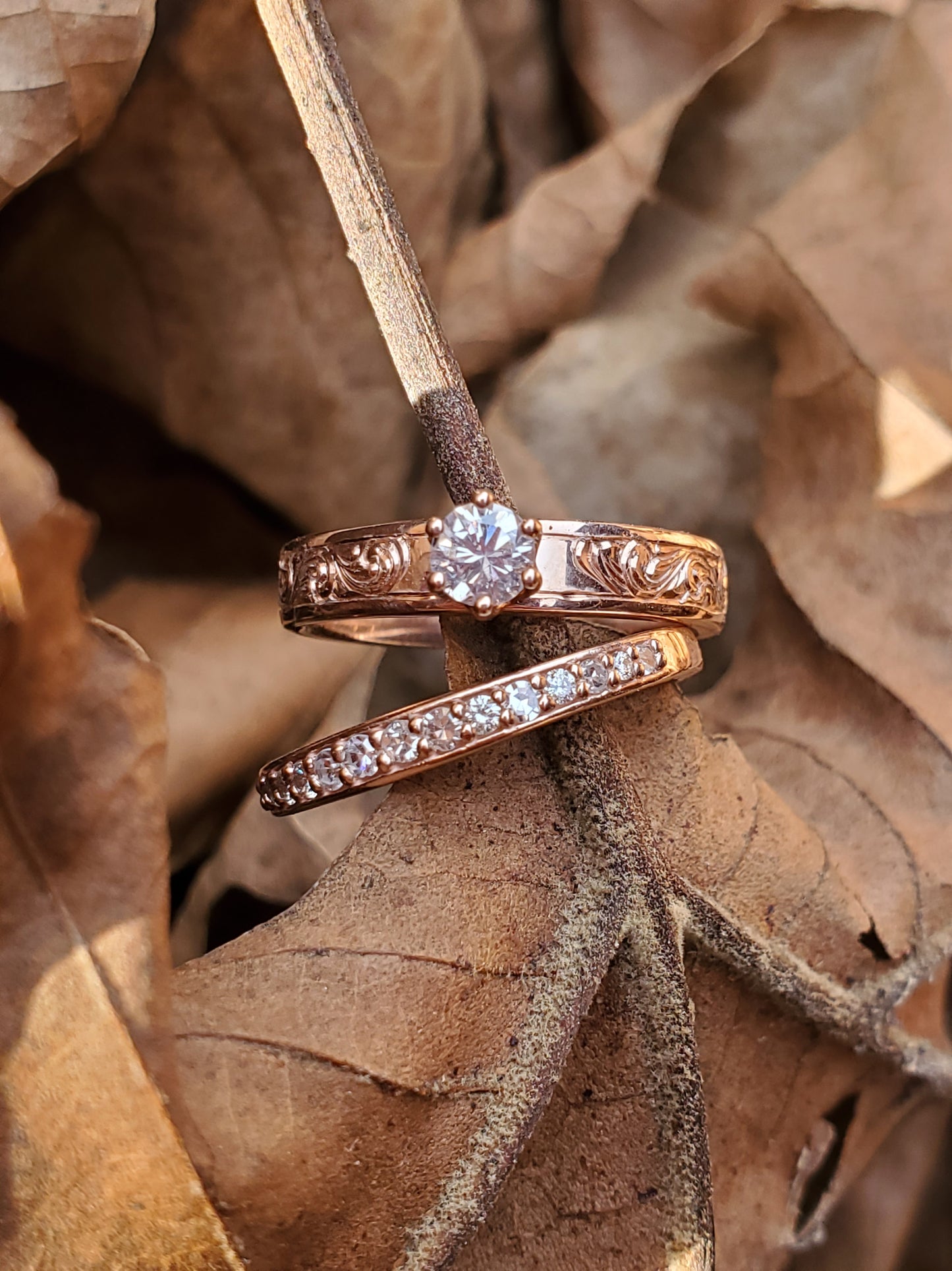 The Marisa Set With Diamonds: Western Wedding Ring Set, Dainty Diamond Ring Set, 10K Rose Gold Engagement Set, Western Ring Trio, Hand-Engraved Wedding Set