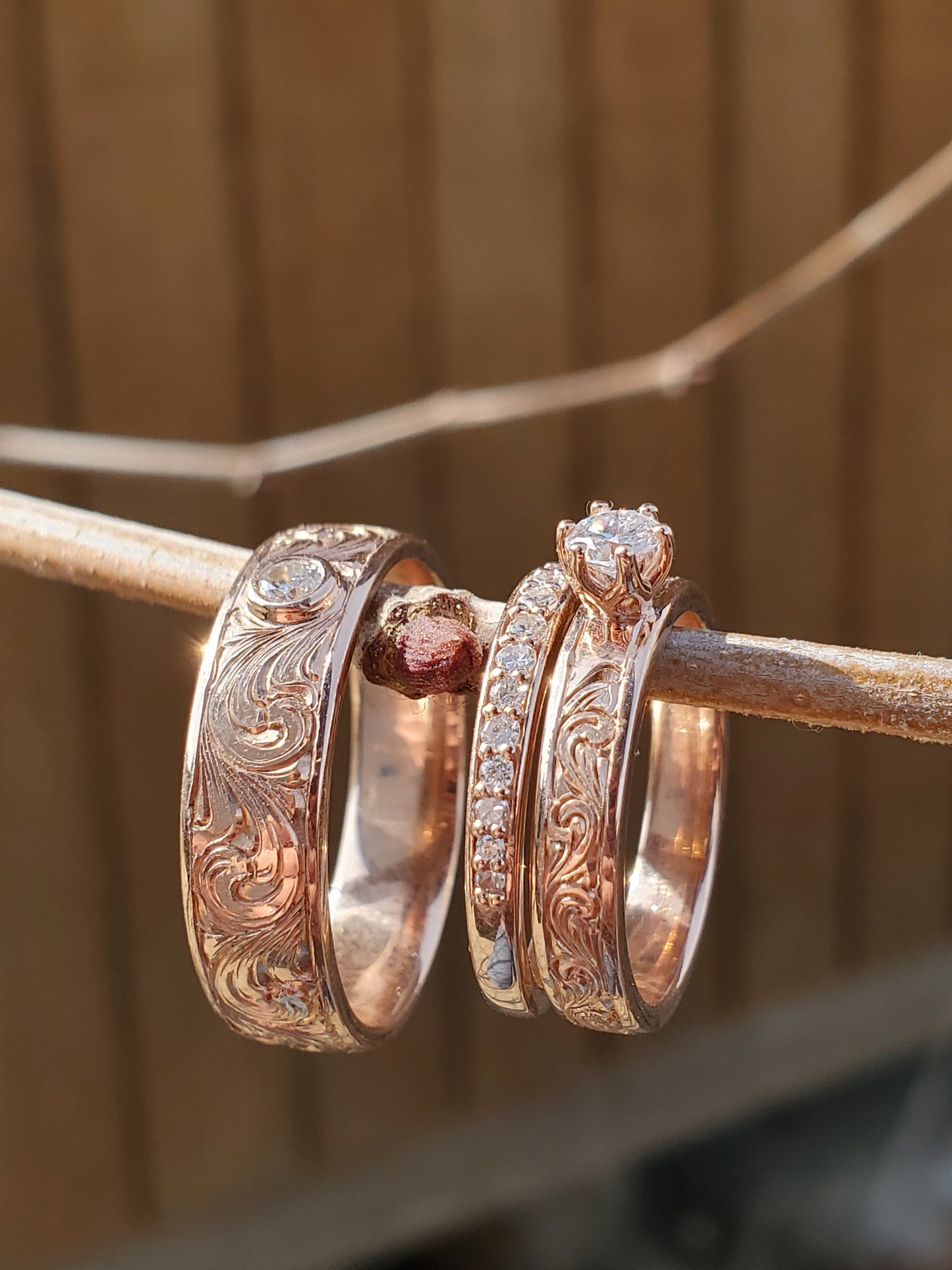 The Marisa Set With Diamonds: Western Wedding Ring Set, Dainty Diamond Ring Set, 10K Rose Gold Engagement Set, Western Ring Trio, Hand-Engraved Wedding Set